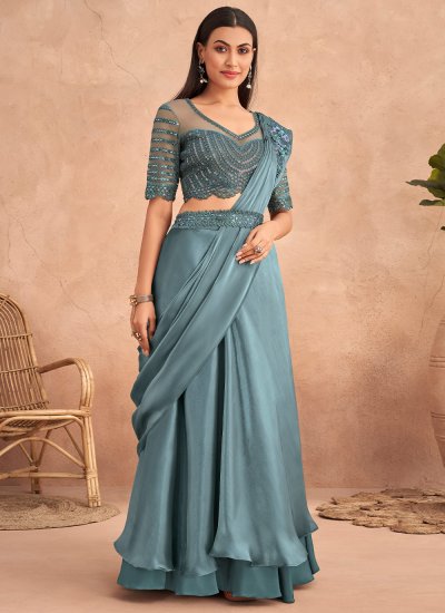 Sequins Silk Designer Saree in Aqua Blue
