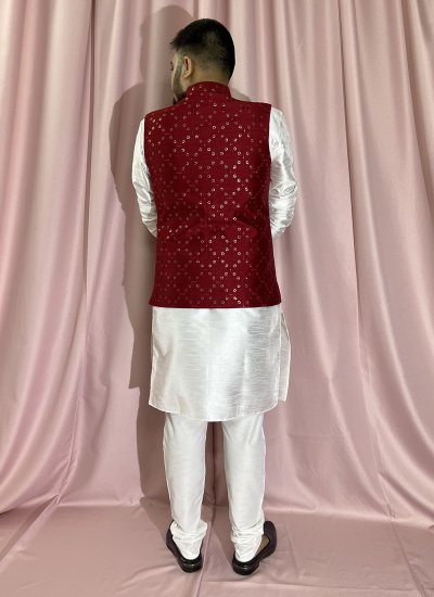 Sequins Silk Kurta Payjama With Jacket in Maroon and White