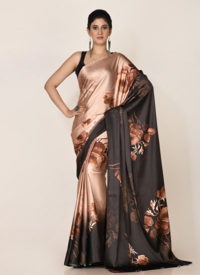 Shaded Saree Digital Print Satin in Black and Brown