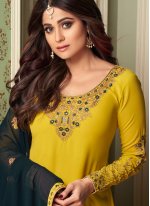  Shamita Shetty Embroidered Yellow Designer Palazzo Suit
