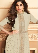 Shamita Shetty Faux Georgette Off White Resham Designer Floor Length Suit