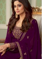 Shamita Shetty Faux Georgette Purple Designer Palazzo Salwar Kameez 