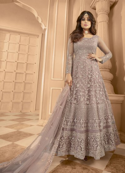 Shamita Shetty Lavender Embroidered Floor Length Anarkali Suit