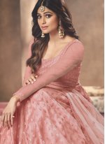 Shamita Shetty Net Pink Floor Length Anarkali Suit 