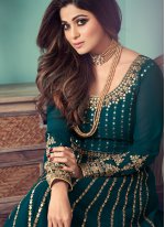 Shamita Shetty Teal Faux Georgette Embroidered Designer Floor Length Suit