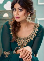 Shamita Shetty Teal Faux Georgette Embroidered Floor Length Anarkali Suit