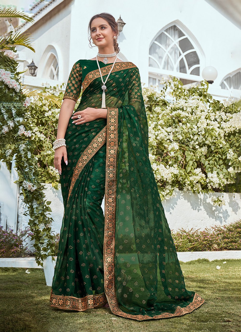 Dark Green Designer Heavy Georgette Saree – Cygnus Fashion