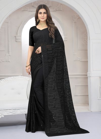 Sightly Black Embroidered Georgette Saree