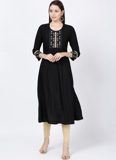 Sightly Black Embroidered Rayon Casual Kurti