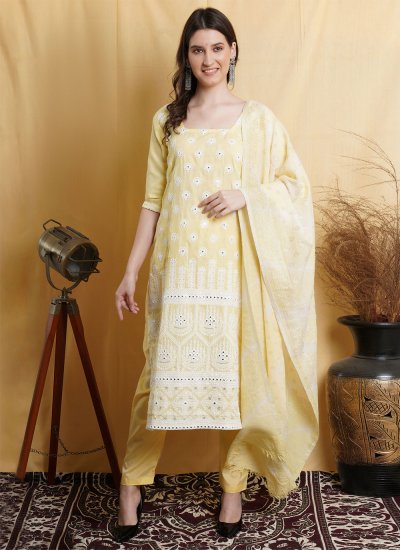 Sightly Cotton Embroidered Yellow Salwar Suit