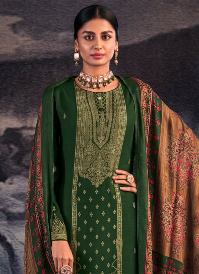 Sightly Jacquard Work Green Pashmina Salwar Suit