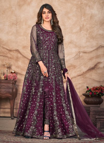 Sightly Net Wine Embroidered Trendy Suit
