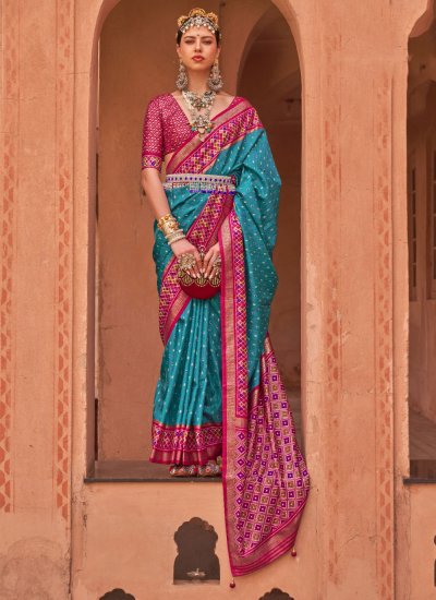 Silk Blue and Turquoise Printed Saree