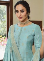 Silk Blue Embroidered Designer Palazzo Suit