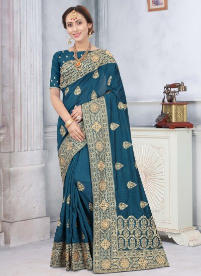 Silk Blue Embroidered Traditional Saree