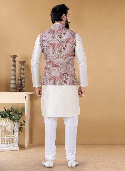
                            Silk Cream and Multi Colour Kurta Payjama With Jacket