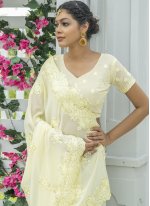 Silk Cream Embroidered Designer Traditional Saree