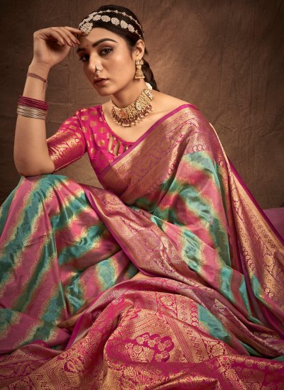 Silk Designer Traditional Saree in Firozi and Pink