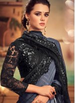 Silk Embroidered Black and Grey Shaded Saree