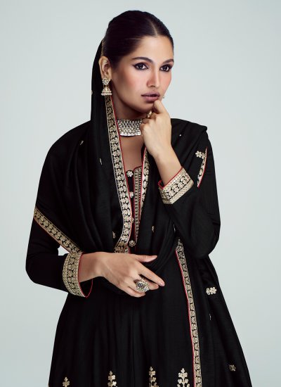 Silk Embroidered Black Readymade Salwar Kameez
