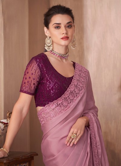 Silk Embroidered Contemporary Saree in Pink