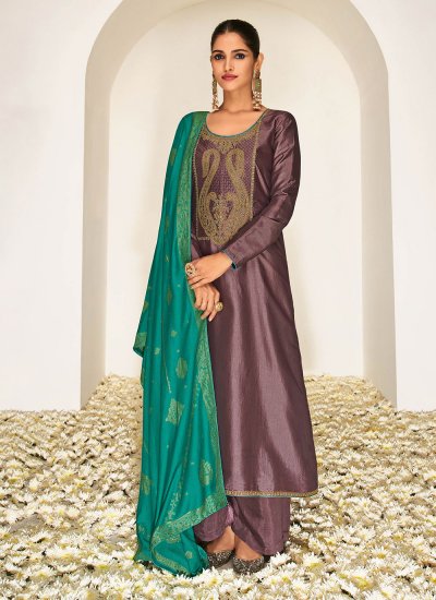 Silk Embroidered Designer Pakistani Salwar Suit in Purple