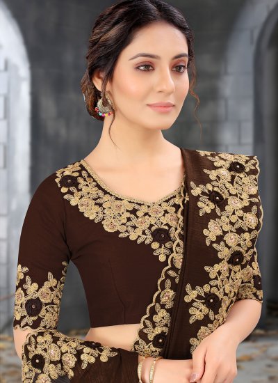 Silk Embroidered Designer Saree in Brown