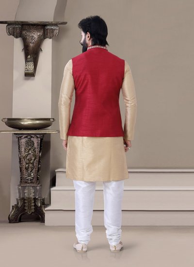 
                            Silk Embroidered Kurta Payjama With Jacket in Beige and Red