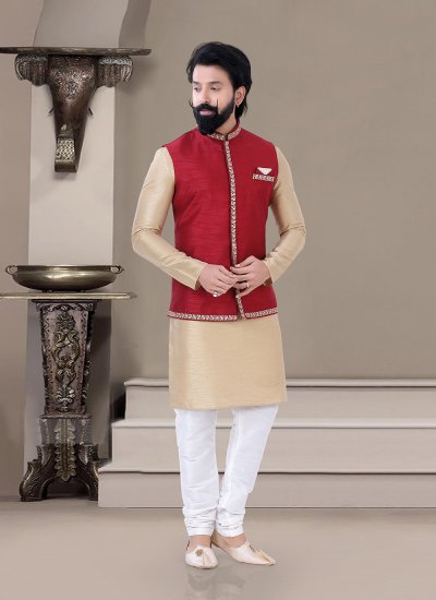 Silk Embroidered Kurta Payjama With Jacket in Beige and Red