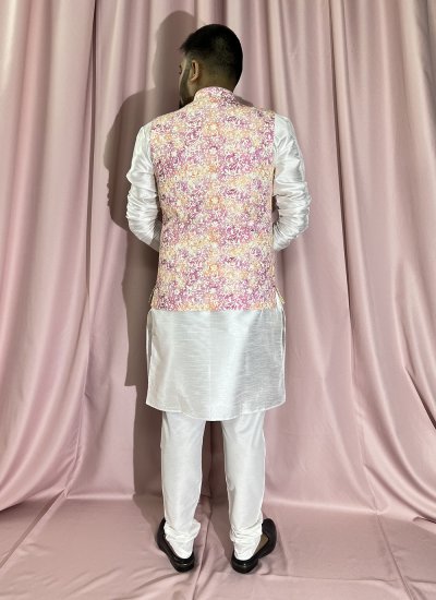 Silk Embroidered Kurta Payjama With Jacket in Pink and White