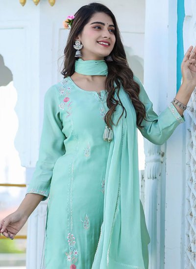 Silk Embroidered Readymade Salwar Kameez in Turquoise