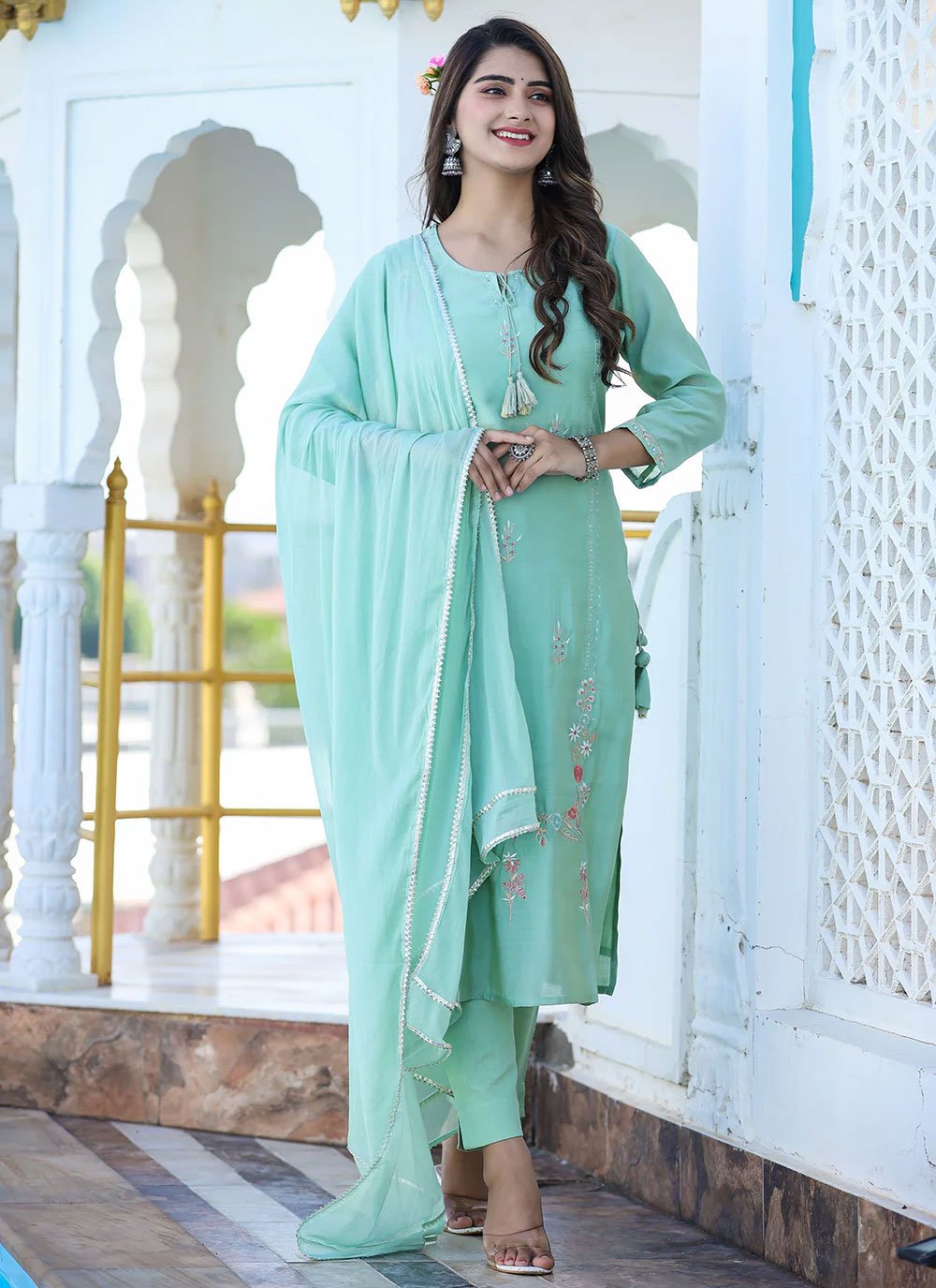 Beige Readymade Embroidered Salwar Suit In Silk 4036SL02