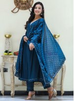Silk Embroidered Readymade Suit in Navy Blue