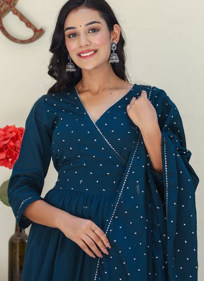Silk Embroidered Readymade Suit in Navy Blue
