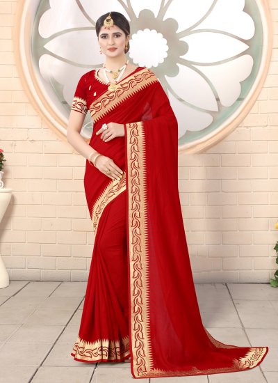 Silk Embroidered Red Classic Designer Saree