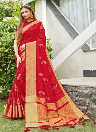 Silk Embroidered Red Designer Traditional Saree