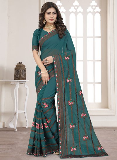 Silk Embroidered Saree in Teal