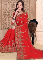 Silk Embroidered Trendy Saree in Red