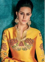 Silk Embroidered Yellow Floor Length Gown