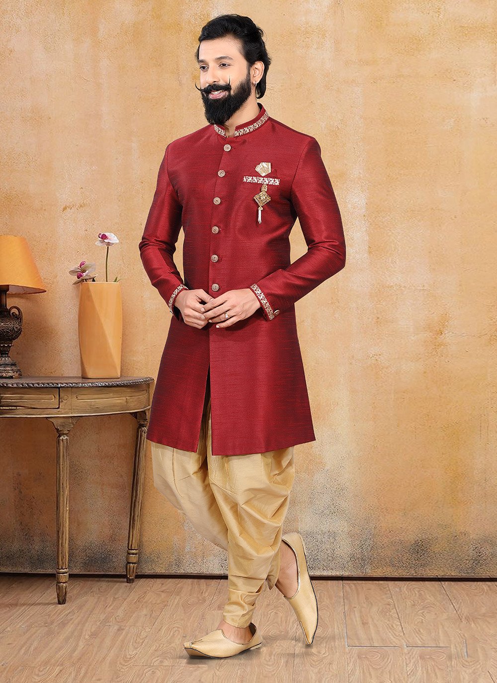 silk fancy dhoti kurta in red 204097