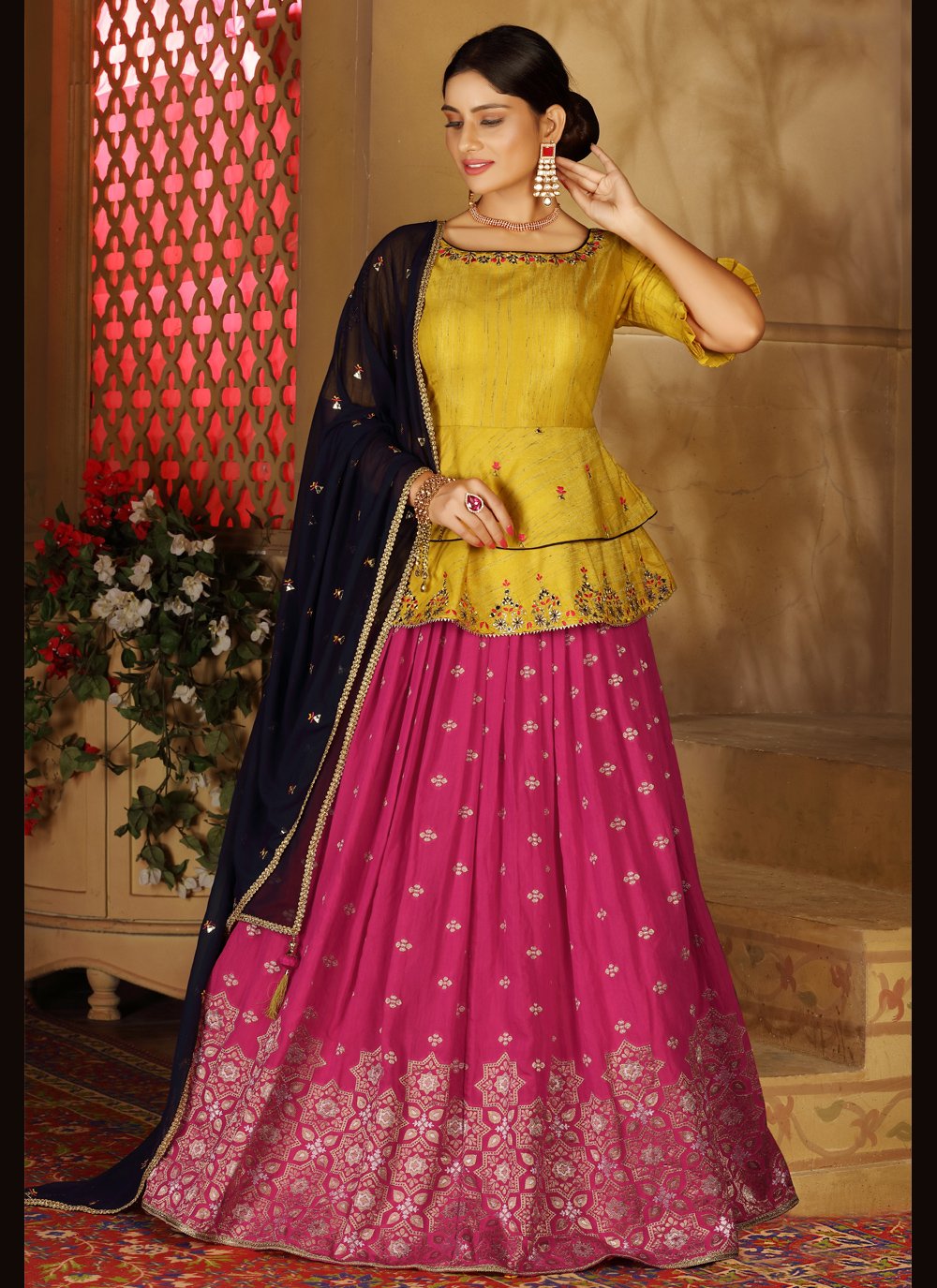 SHUBHKALA Yellow & Pink Silk Embroidered Lehenga and Choli Set With Dupatta