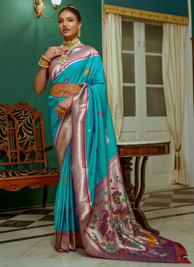 Silk Firozi Woven Contemporary Saree