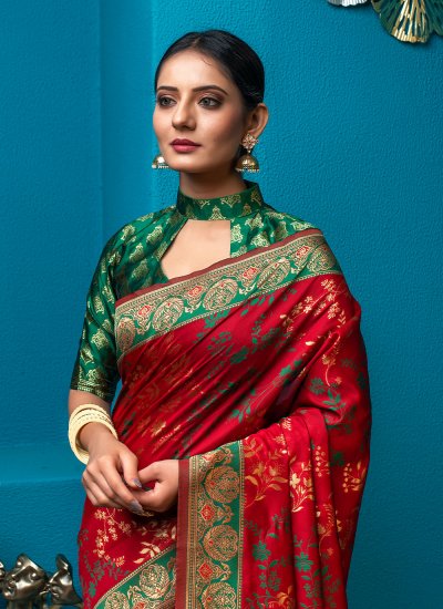 Silk Green and Red Weaving Classic Saree