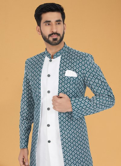 Silk Green and White Embroidered Indo Western