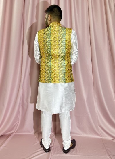 Silk Green, White and Yellow Embroidered Kurta Payjama With Jacket