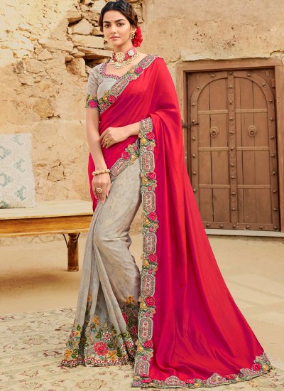 Silk Grey and Red Border Trendy Saree