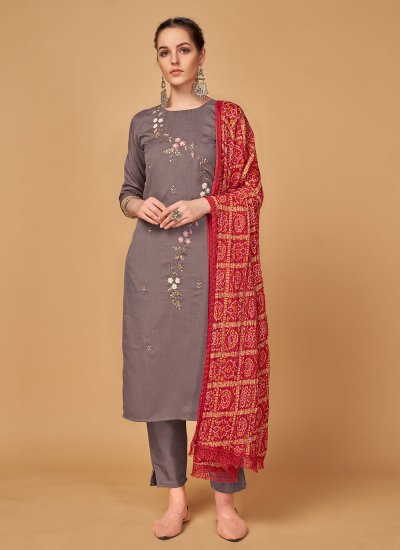 Silk Grey Embroidered Readymade Salwar Suit