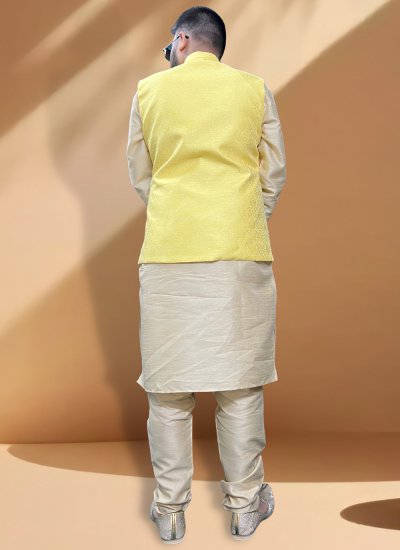 Silk Kurta Payjama With Jacket in Gold and Yellow