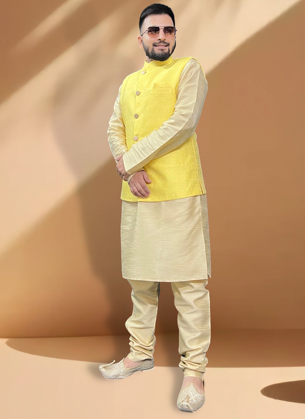 Silk Kurta Payjama With Jacket in Gold and Yellow
