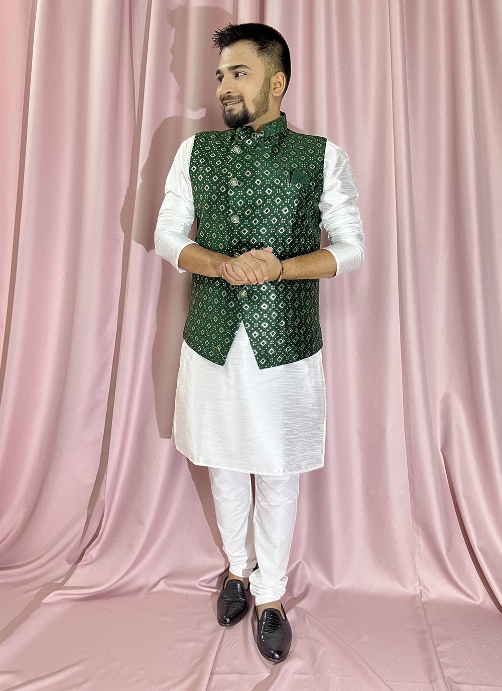 Silk Kurta Payjama With Jacket in Green and White